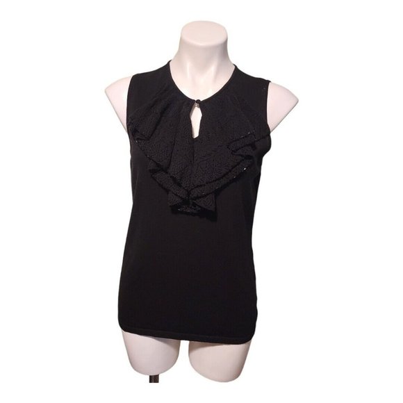 Lauren Ralph‎ Lauren Woman's Black Sleeveless Ruffle Beaded Sz Medium Blouse - Picture 1 of 10